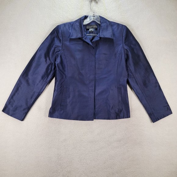 august silk Jackets & Blazers - Vintage August Silk Navy Blue Satin Collared Shoulder Pad Classic Blazer Coat